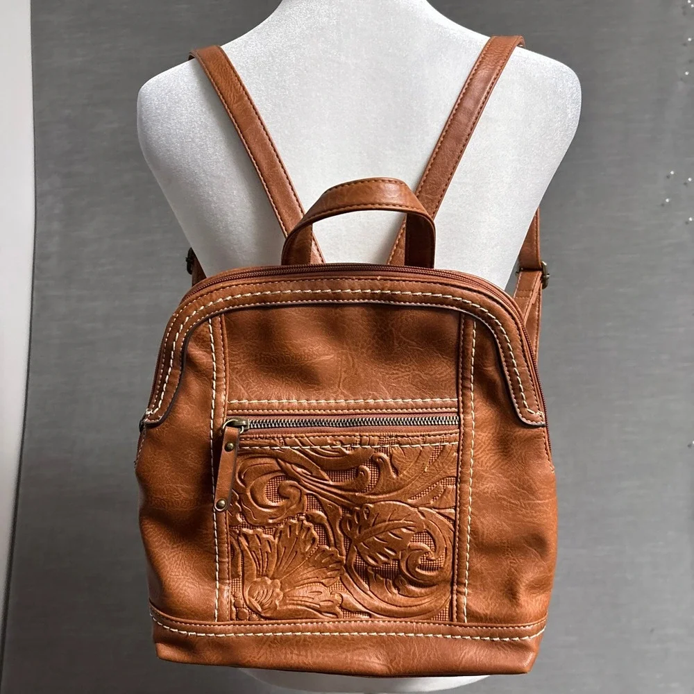 b.o.c. Born Backpack Brown Tooled Floral Faux Leather Everyday Bag Purse Casual